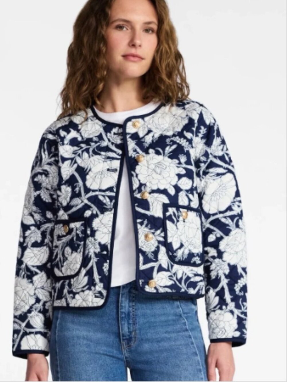 Time and Tru Womens Sz XS 0-2 Quilted Jacket Navy Blue White Floral Gold Buttons